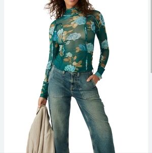 Free People Slim Floral Mesh Long Sleeve Top